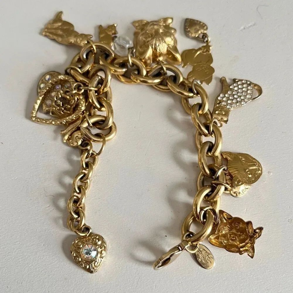 VTG Kirk’s Folly Gold Tone Cat Charm Bracelet Hearts Crystals 8” - Picture 3 of 14
